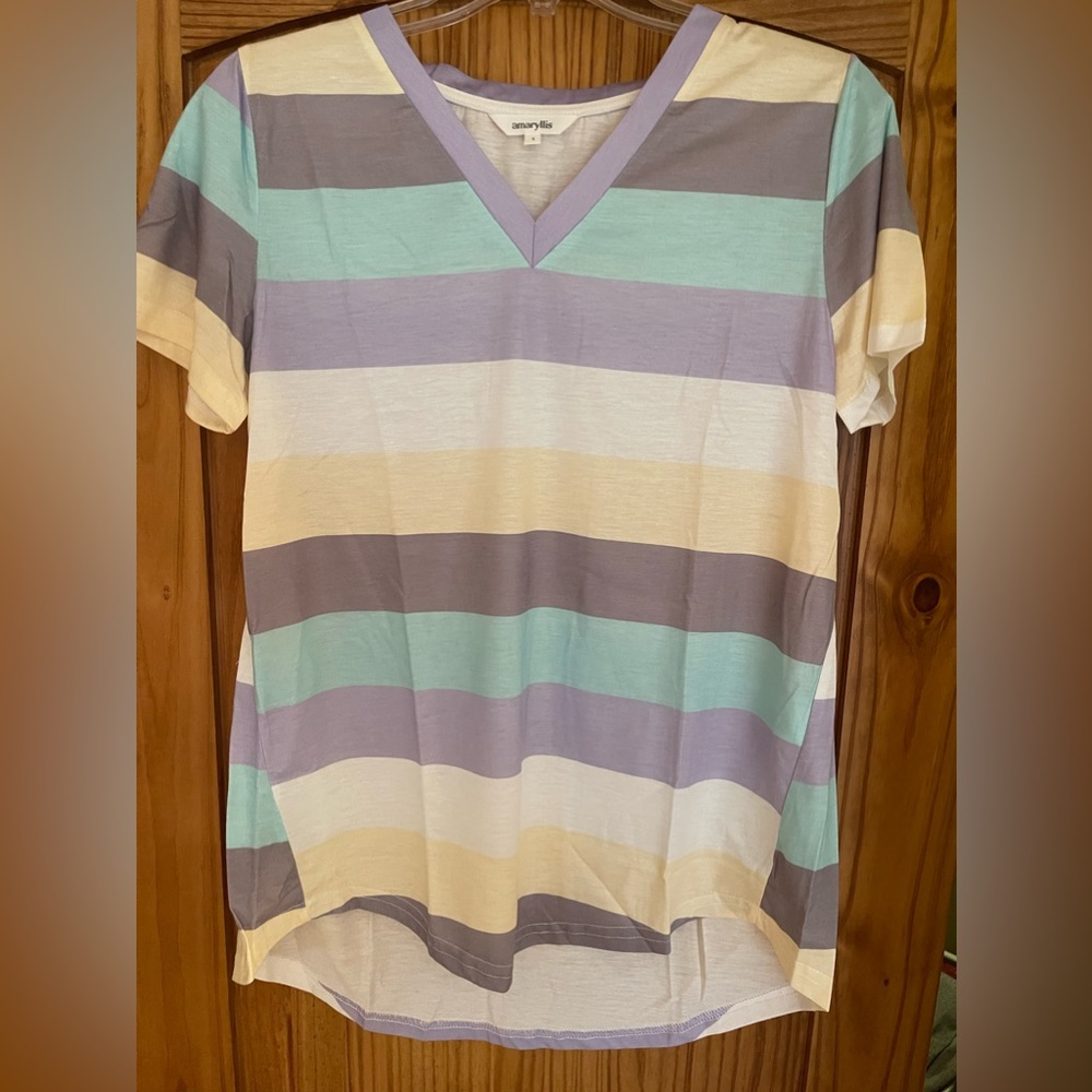 New yellow striped short sleeve shirt. Fits like a medium. Brand new never worn